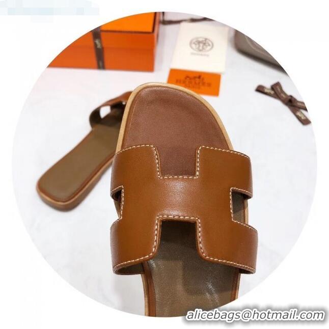 High Quality Hermes Oran H Slide Flat Sandals H02156 Brown