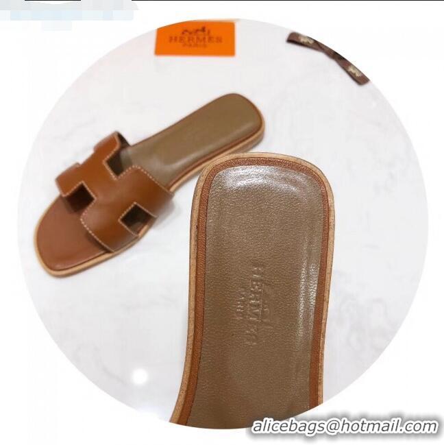 High Quality Hermes Oran H Slide Flat Sandals H02156 Brown