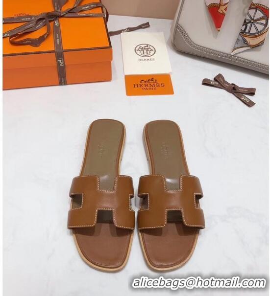 High Quality Hermes Oran H Slide Flat Sandals H02156 Brown