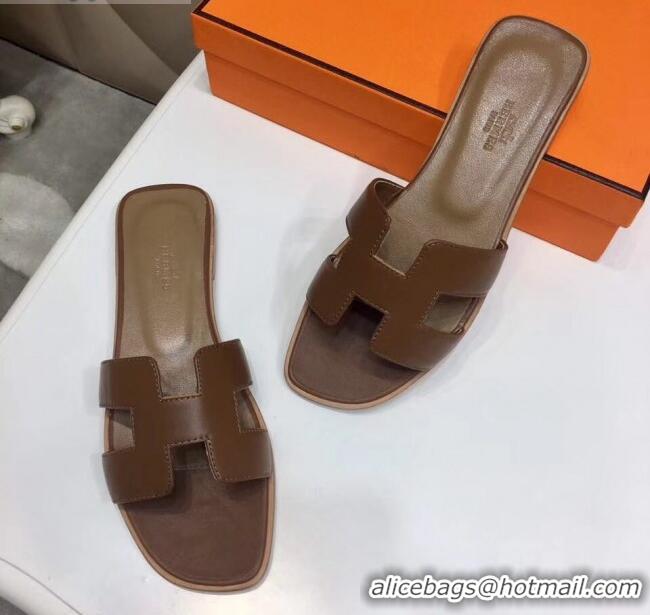 New Fashion Hermes Oran H Slide Flat Sandals H02157 Taupe