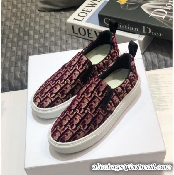 Top Quality Dior Solar Slip-on Sneakers in Oblique Embroidered Velvet 92501 Burgundy 2020