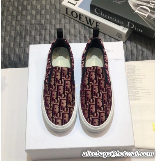 Top Quality Dior Solar Slip-on Sneakers in Oblique Embroidered Velvet 92501 Burgundy 2020