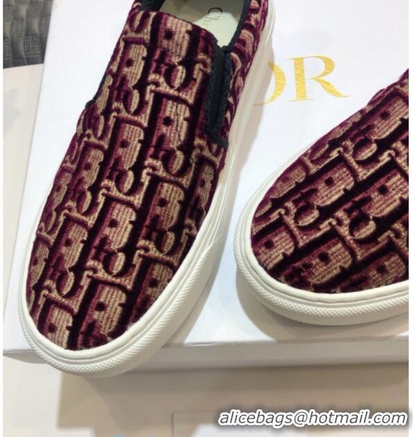 Top Quality Dior Solar Slip-on Sneakers in Oblique Embroidered Velvet 92501 Burgundy 2020