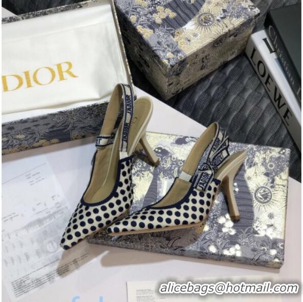 Luxury Dior J'Adior Slingback Pumps 95mm in Dots Embroidered Canvas 92504 Blue 2020