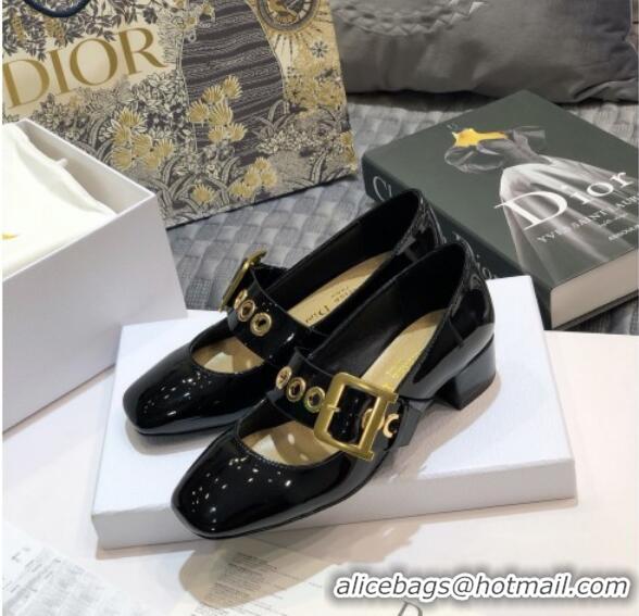 Stylish Dior J'Adior Patent Calfskin Mary Jane Pumps with Metal Buckle 92513 Black 2020