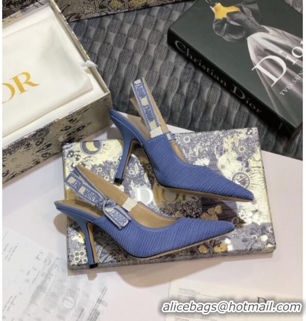 Best Price Dior J'Adior Slingback Pumps 95mm in Metallic Thread Embroidered Cotton 92520 Blue 2020