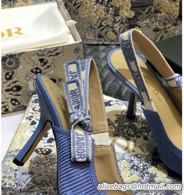 Best Price Dior J'Adior Slingback Pumps 95mm in Metallic Thread Embroidered Cotton 92520 Blue 2020