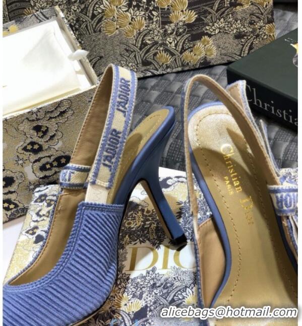 Best Price Dior J'Adior Slingback Pumps 95mm in Metallic Thread Embroidered Cotton 92520 Blue 2020