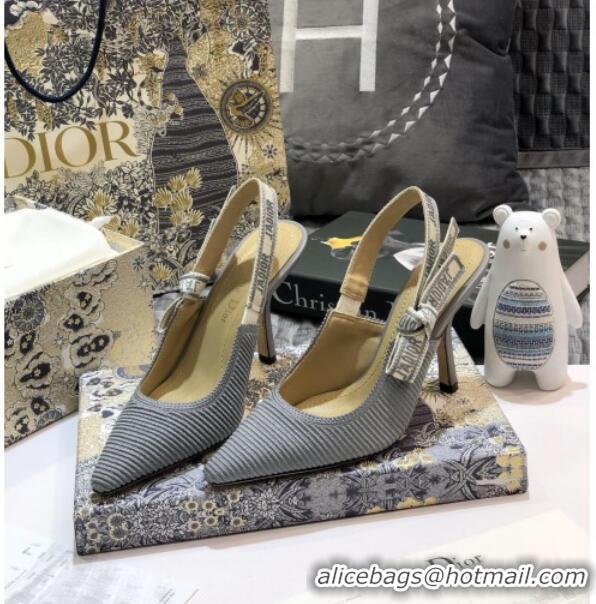 Luxury Dior J'Adior Slingback Pumps 95mm in Metallic Thread Embroidered Cotton 92523 Grey 2020