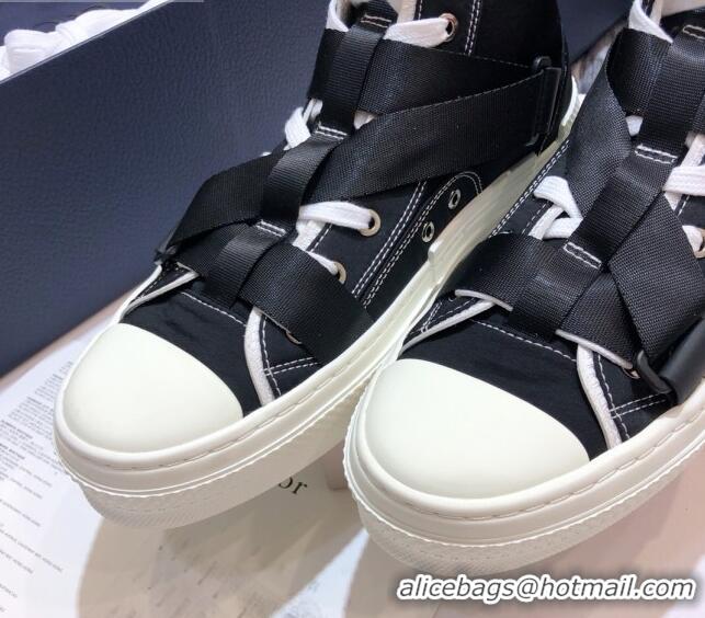 Charming Dior B23 Nylon High-top Sneakers with Cross Straps 92529 Black 2020