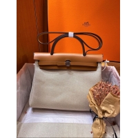 Good Looking Hermes Herbag 31CM Original Canvas Leather & Calfskin 45988 brown&white