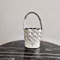 Low Price Prada Original Leather Woven Pattern Bucket Bag 1BG049 White