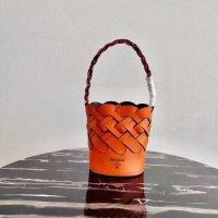 Purchase Prada Original Leather Woven Pattern Bucket Bag 1BG049 orange