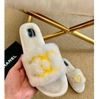 Lower Price Chanel Wool Flat Sandals CC0602 White/Gold 2020