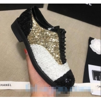 Discount Chanel Sequins and Patent Calfskin Lace-ups Shoes G36208 Gold/White/Black 2020