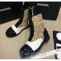 Promotional Chanel Sequins and Patent Calfskin Ankle Boots G36209 Gold/White/Black 01 2020