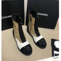 Promotional Chanel Sequins and Patent Calfskin Ankle Boots G36209 Gold/White/Black 01 2020