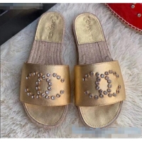 Super Quality Chanel Lambskin Leather Crystal CC Slider Espadrilles Sandals C81562 Gold 2020