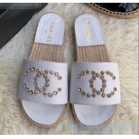 Duplicate Chanel Leather Crystal CC Slider Espadrilles Sandals C81562 White 2020