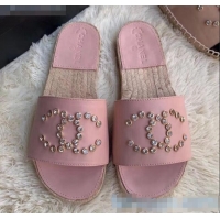 Duplicate Chanel Leather Crystal CC Slider Espadrilles Sandals C81562 Pink 2020