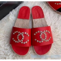 New Style Chanel Leather Crystal CC Slider Espadrilles Sandals C81562 Red 2020