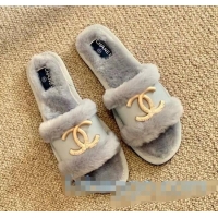 Discount Chanel Wool Leather Flat Slide Sandals C81902 Gray 2020