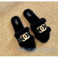 Pretty Style Chanel Wool Leather Flat Slide Sandals C81903 Black 2020