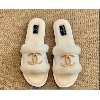 Well Crafted Chanel Wool Leather Flat Slide Sandals C81904 White 2020