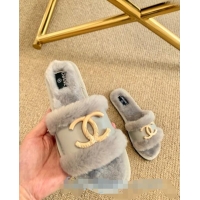 Good Product Chanel Wool Leather Flat Slide Sandals C81902 Gray 2020