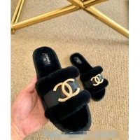 Top Design Chanel Wool Leather Flat Slide Sandals C81903 Black 2020