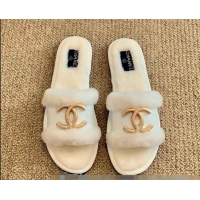 New Design Chanel Wool Leather Flat Slide Sandals 82804 White 2020