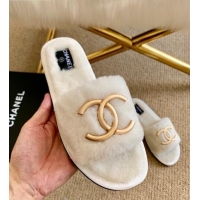 Popular Style Chanel Wool Metal CC Flat Slide Sandals C28276 White 2020