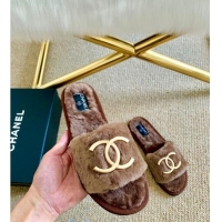 Best Product Chanel Wool Metal CC Flat Slide Sandals C28276 Brown 2020