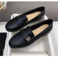 Best Price Chanel Lambskin Pearl CC Flat Loafers C2833 Black Leather 2020