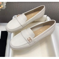 New Product Chanel Lambskin Pearl CC Flat Loafers C2833 White Leather 2020