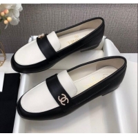 Top Quality Chanel Lambskin Pearl CC Flat Loafers C2833 Black/White 2020