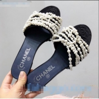 Classic Chanel Fabric Pearl Bead Charm Slide Sandals C2918 Black 2020