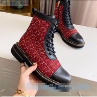 Luxury Cheap Chanel Check Tweed Chain Side Ankle Boots C3123 Red 2020