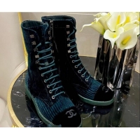 Top Quality Chanel Corduroy Lace-up Medium-High Boots G34953 Blue 2020