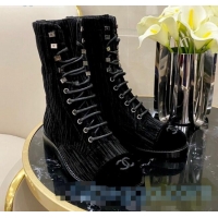 Imitation Chanel Corduroy Lace-up Medium-High Boots G34953 Black 2020