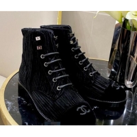 Buy Discount Chanel Corduroy Lace-up Ankle Boots G34953 Black 2020