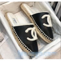 AAAAA Cheapest Chanel Lambskin Wool CC Espadrilles Mules C0914 Black 2020