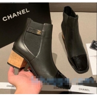 Fashion Cheap Chanel Leather Short Boots Wood Heel C1042 Black 2020