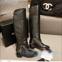 High Quality Chanel Leather Foldover Chain High Boots G34929 Black 2020