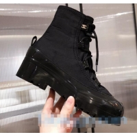 Buy Discount Chanel Fabric and Patent Leather Lace-up Short Boots C1150 All Black 2020