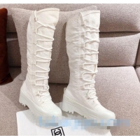 Top Quality Chanel Fabric and Patent Leather Lace-up High Boots C1151 All White 2020