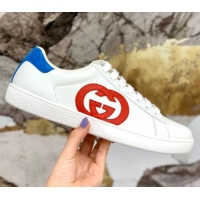 Perfect Gucci Leather Ace Sneakers with Interlocking G 71417 White/Blue 2020