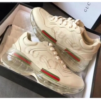 Charming Gucci Rhyton Logo Leather Sneakers with Transparent Sole 72208 White 2020