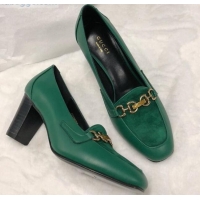 Classic Gucci Calfskin Horsebit Mid-Heel Loafer Pumps 70mm 72212 Green 