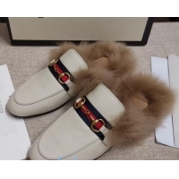 Low Price Gucci Princetown Horsebit Web Calfskin Wool Slipper 81827 White 2020